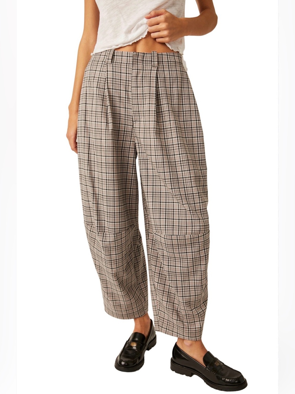 Free People Turning Point Grey/Lavender Plaid Baggy Trousers US 8